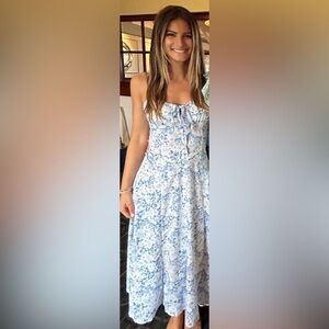 Floral Blue and White Strapless Dress